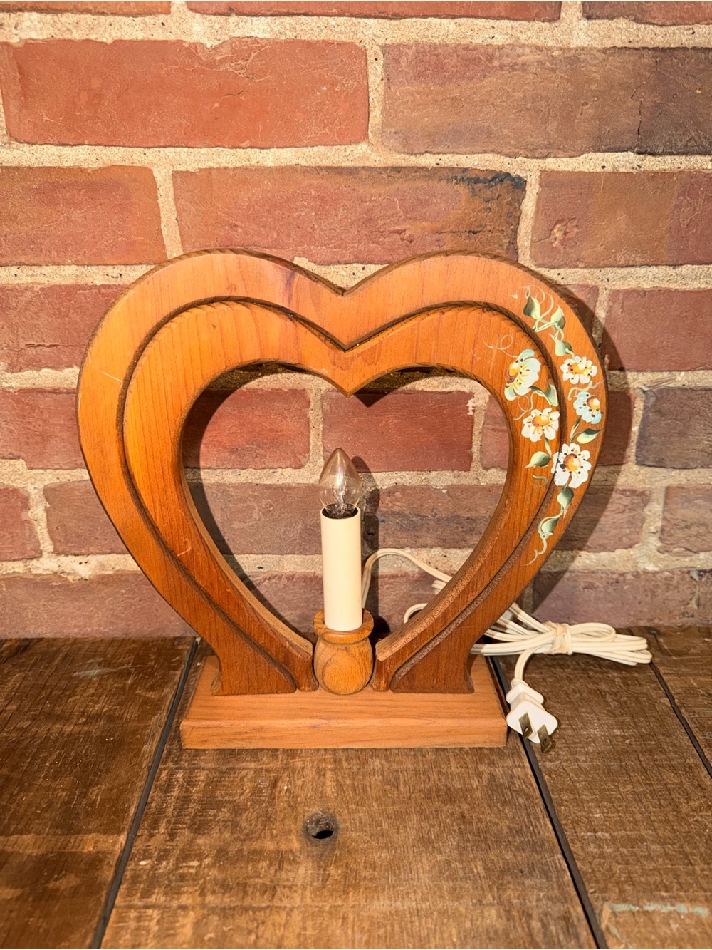 Handcrafted Wooden Heart Accent Lamp - Orange Floral Rustic Farmhouse Working